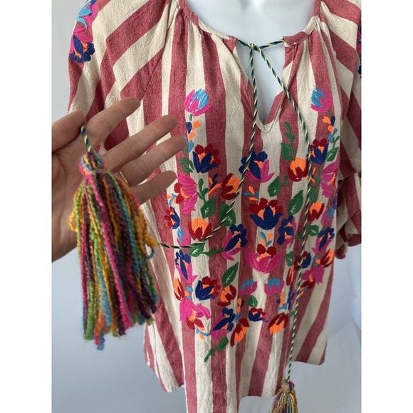 See And Be Seen Linen Bl Red Stripe Floral Embroidered Boho Top, Sz: Small (B51) - Picture 2 of 6